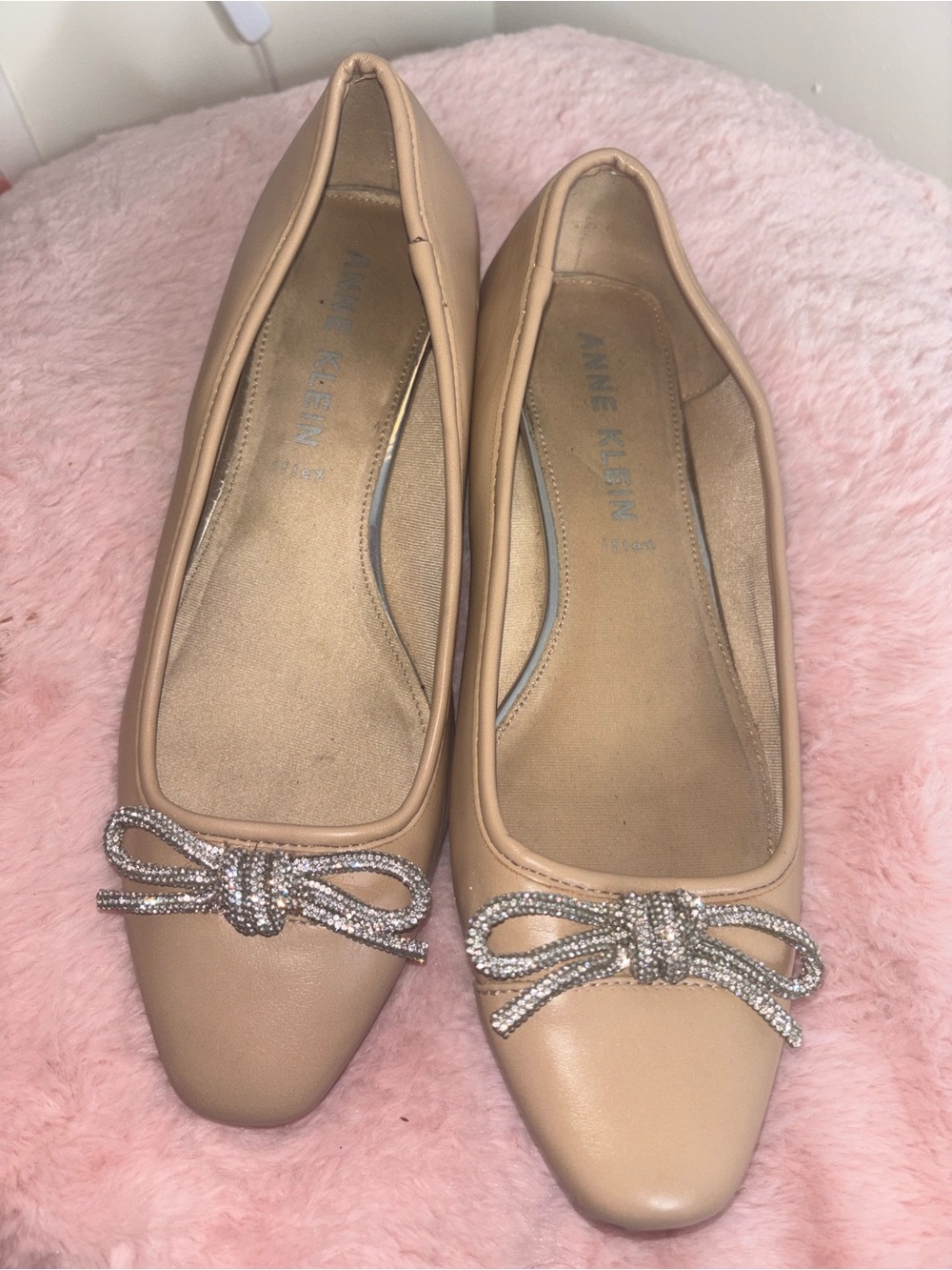 Anne Klein Nude Bow Ballet Flats with Crystal Accent